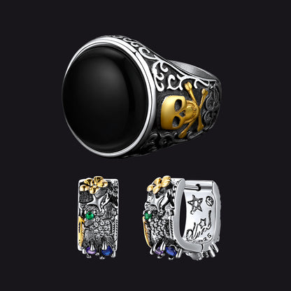 Black Onyx Skull Signet Ring & Graffiti Joker Star Earring Jewelry Set 