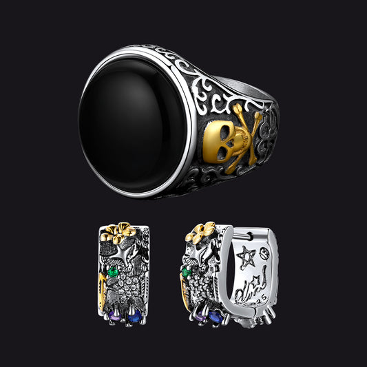 Black Onyx Skull Signet Ring & Graffiti Joker Star Earring Jewelry Set img