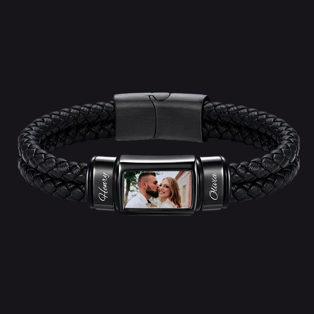 Custom 2 name photo braided leather bracelet for men