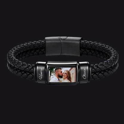Custom 2 name photo braided leather bracelet for men