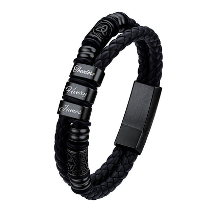 Black Plated Custom 3 Name bracelet with engraved names on a white background