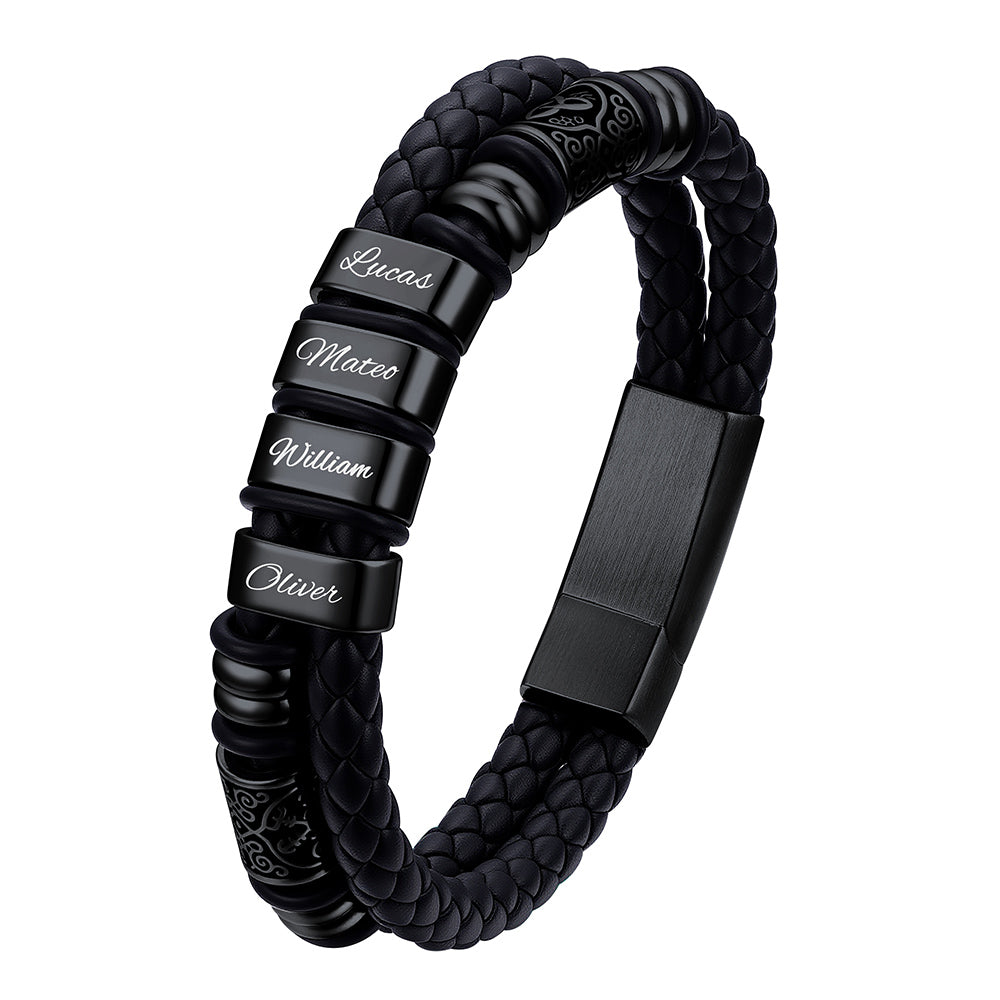 Black Plated Custom Name bracelet with engraved names on a white background