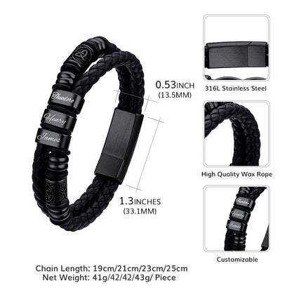 Black Viking Custom Name bracelet with customizable features and measurements on a white background