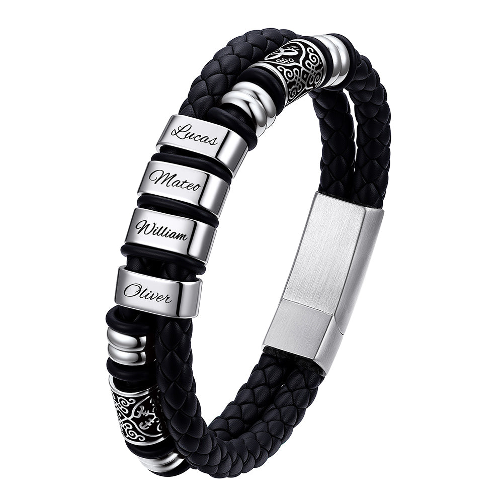 Black Viking leather bracelet with silver nameplates on a white background