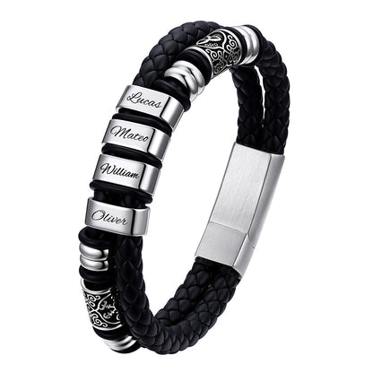 Black Viking leather bracelet with silver nameplates on a white background