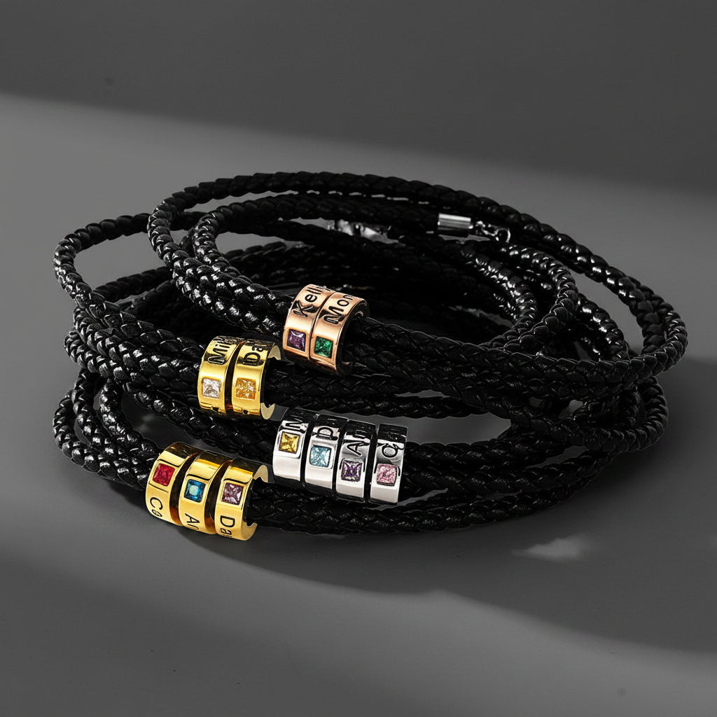 Black braided leather bracelet with colorful charm beads 