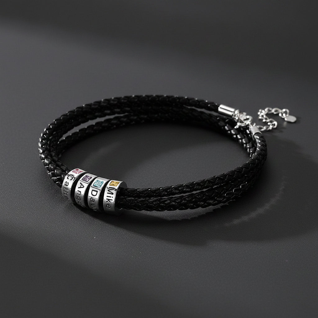 Black braided leather bracelet with name beads