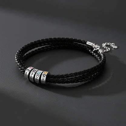 Black braided leather bracelet with name beads