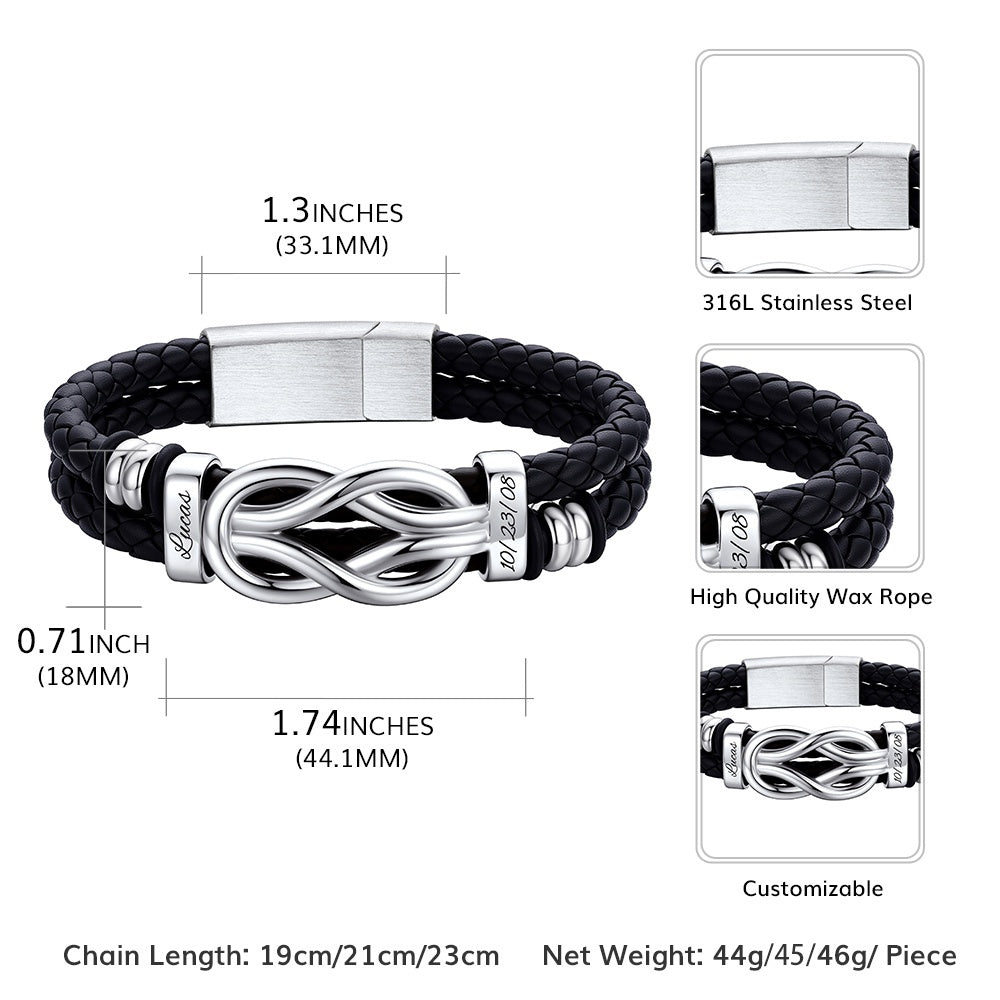 Black braided leather bracelet with silver infinity knot charm, featuring measurements and material details.