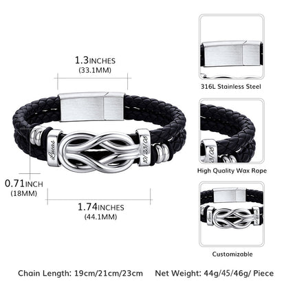 Black braided leather bracelet with silver infinity knot charm, featuring measurements and material details.