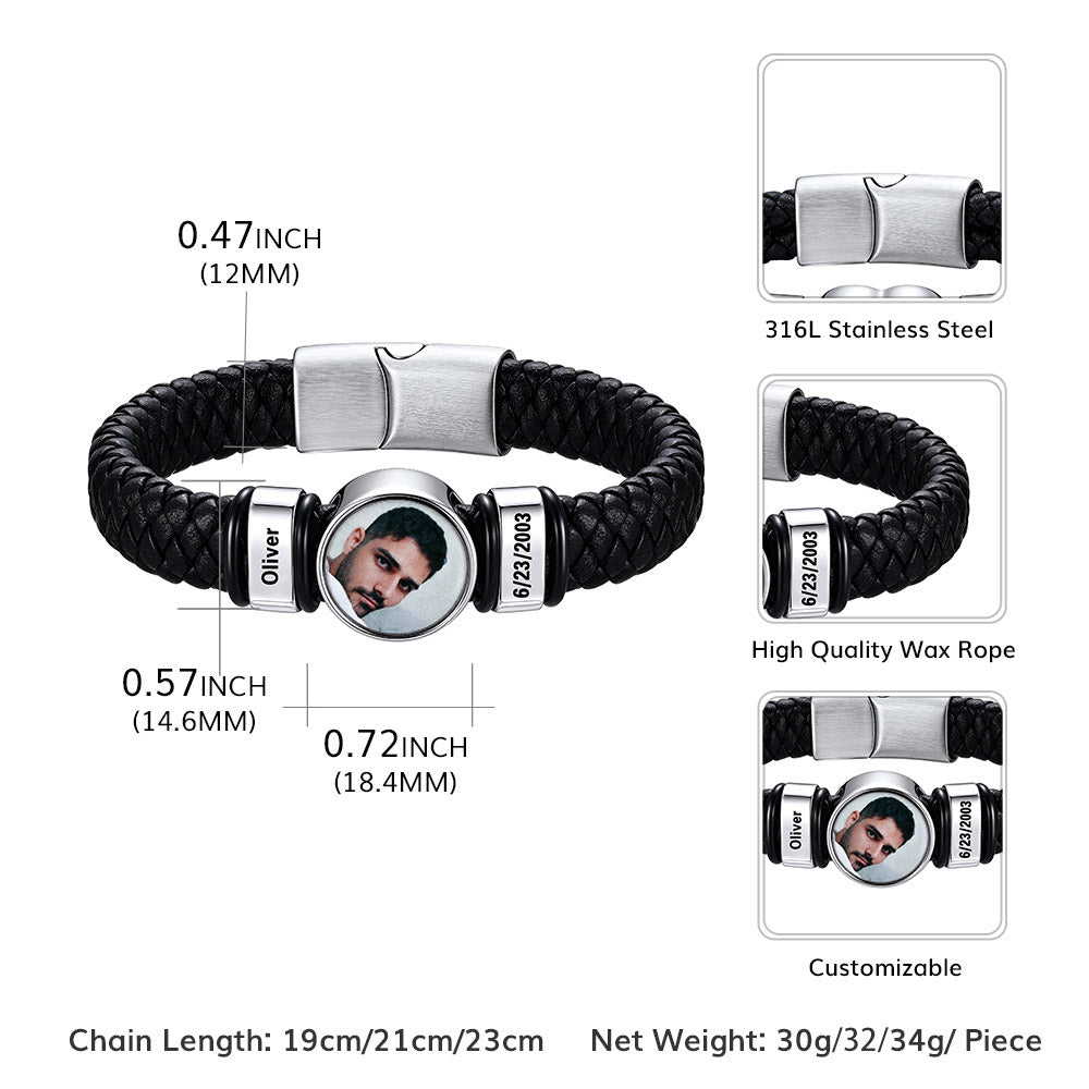 Custom Names Picture Black Braided Leather Bracelet for Men