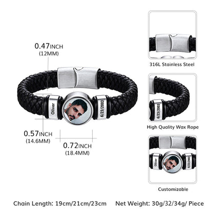 Custom Names Picture Black Braided Leather Bracelet for Men