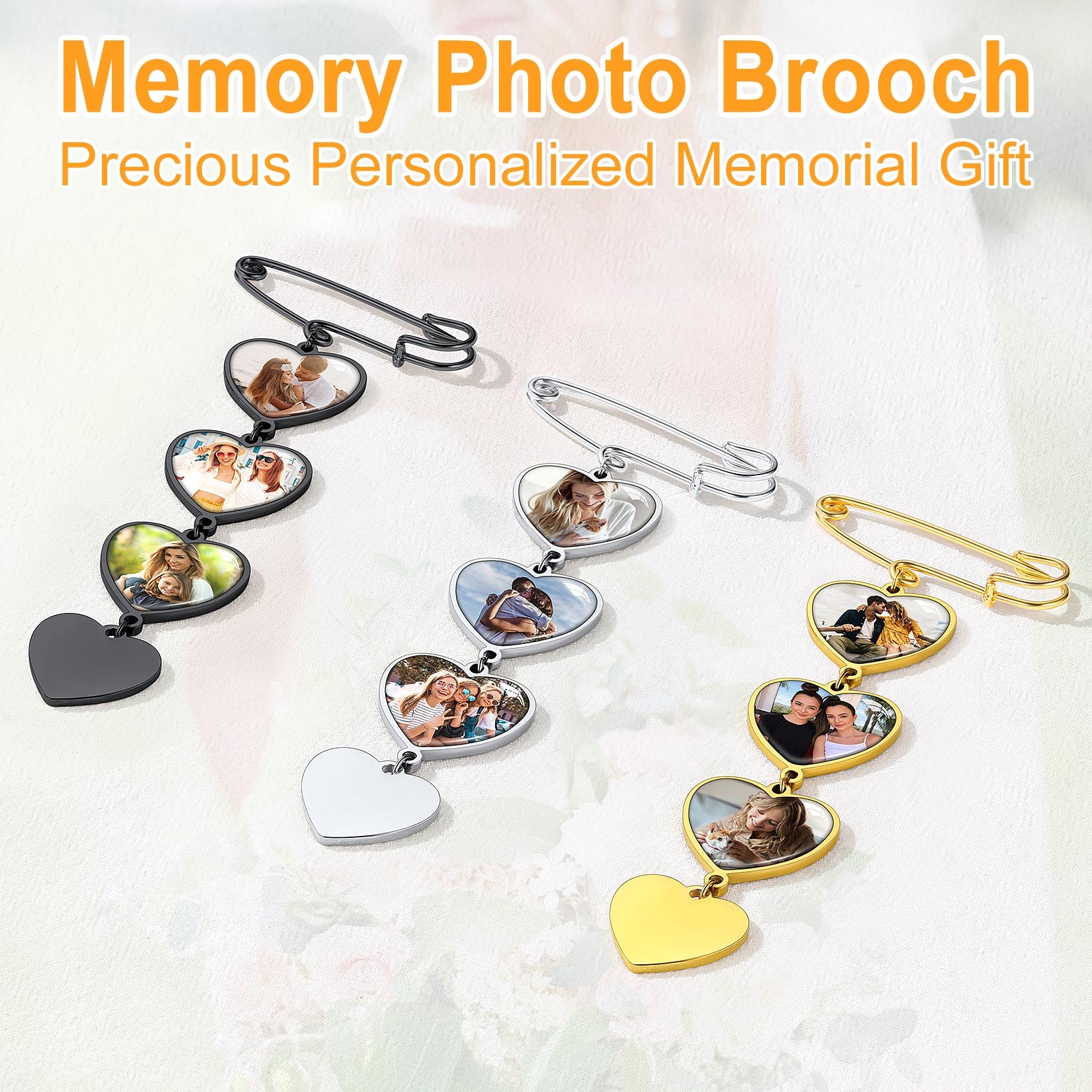 Personalized 1-3 Pictures Wedding Bouquet Charms Heart Brooch Pins 