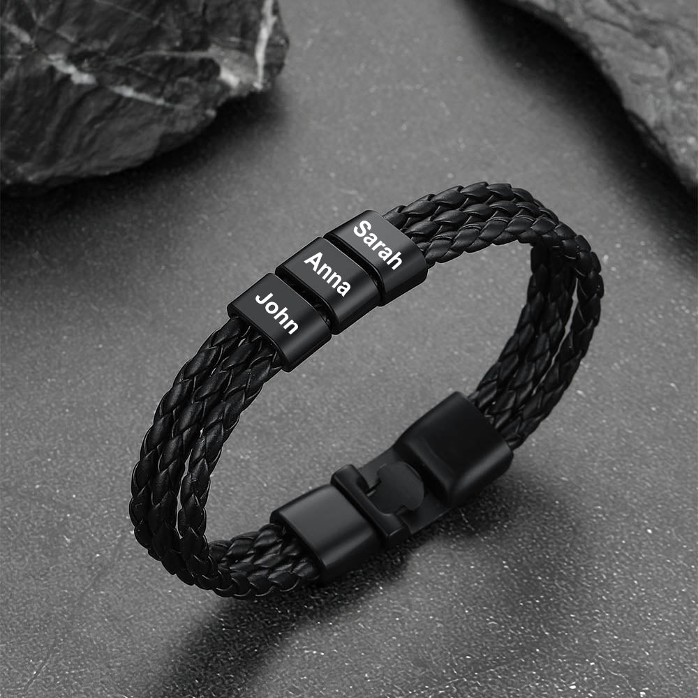 Personalized Braided Leather Bracelets with Beads Names Gift for Men Dad