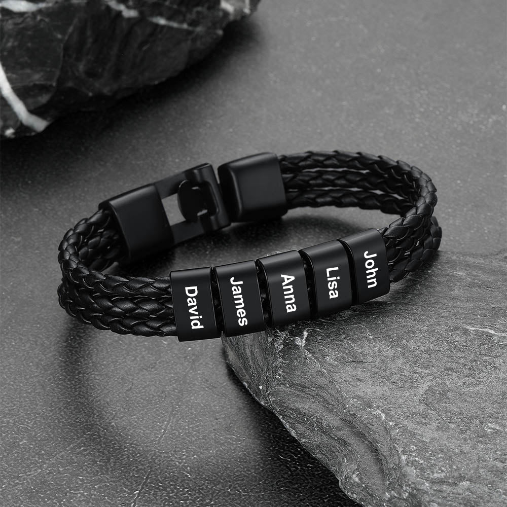 Personalized Braided Leather Bracelets with Beads Names Gift for Men Dad