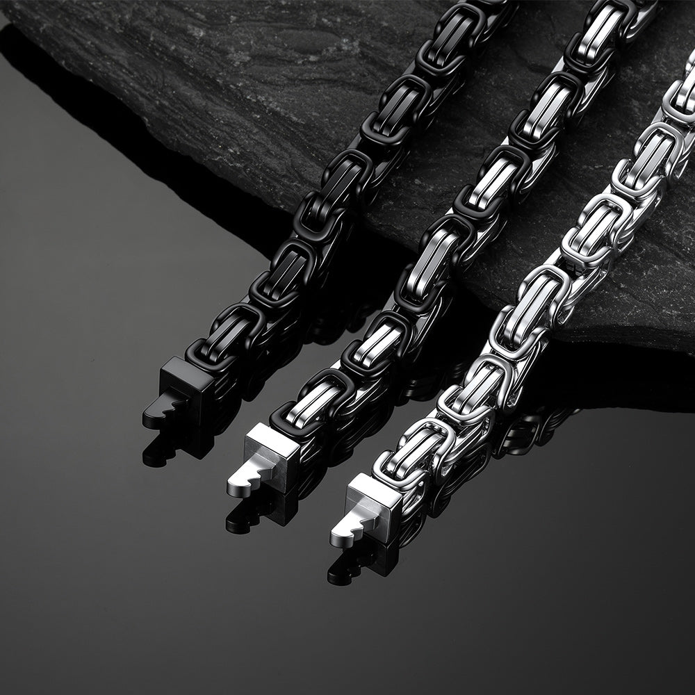 Byzantine link chain necklaces in silver, black and silver & black finishes