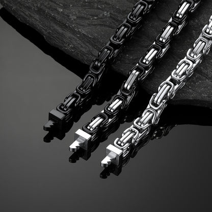 Byzantine link chain necklaces in silver, black and silver & black finishes