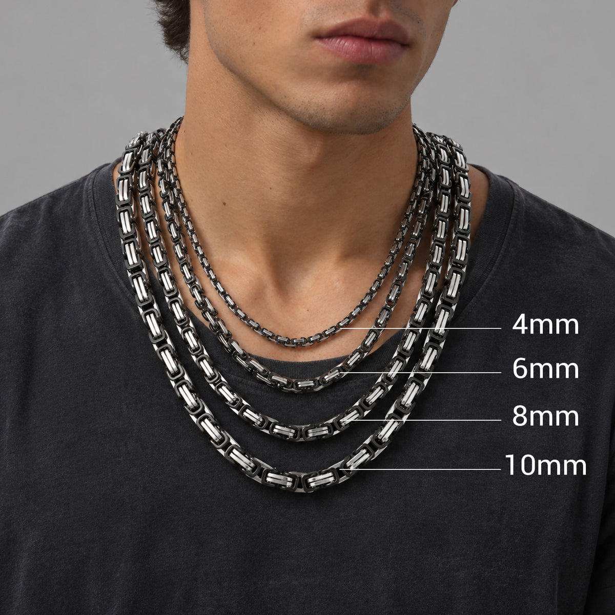 Man wearing 4–10mm width Byzantine link chain necklace, front view