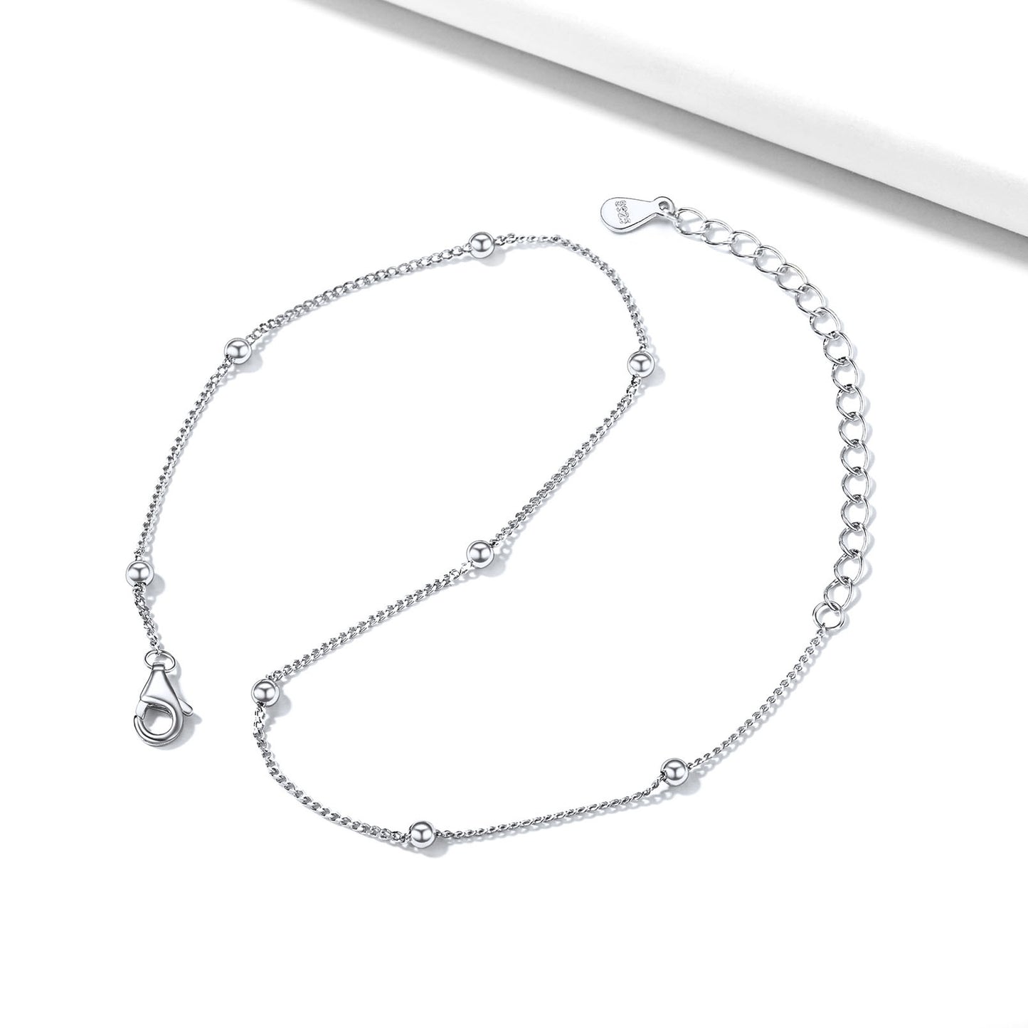 925 Sterling Silver Beaded Anklet for Women Front View