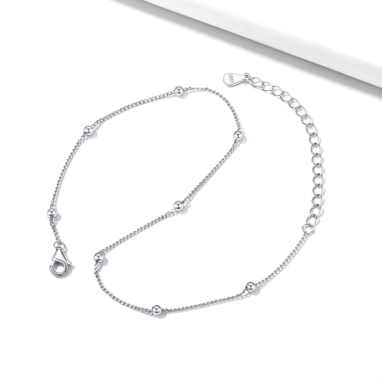 925 Sterling Silver Beaded Anklet for Women Front View