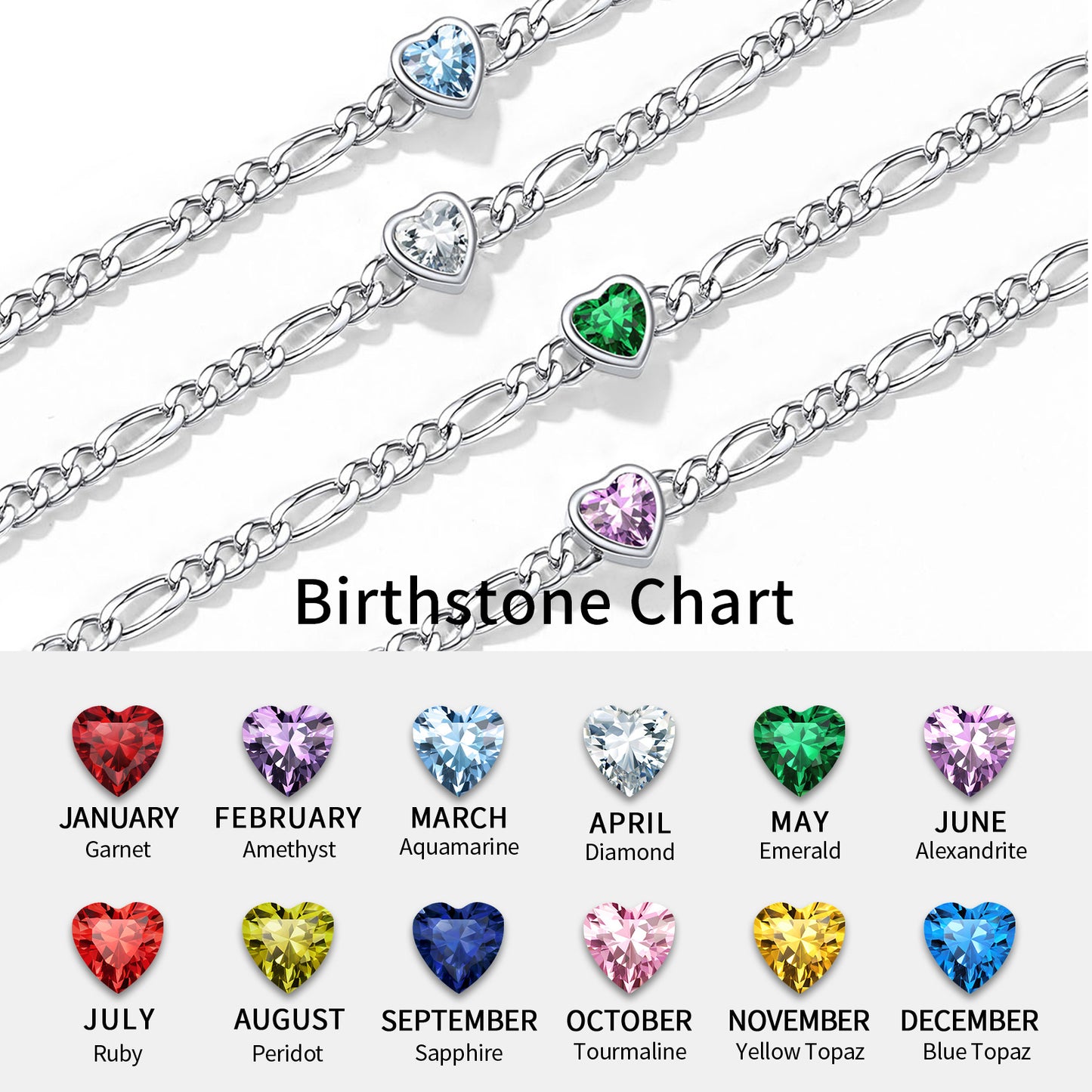 Personalized Sterling Silver Birthstone Dainty Heart Anklet for Women