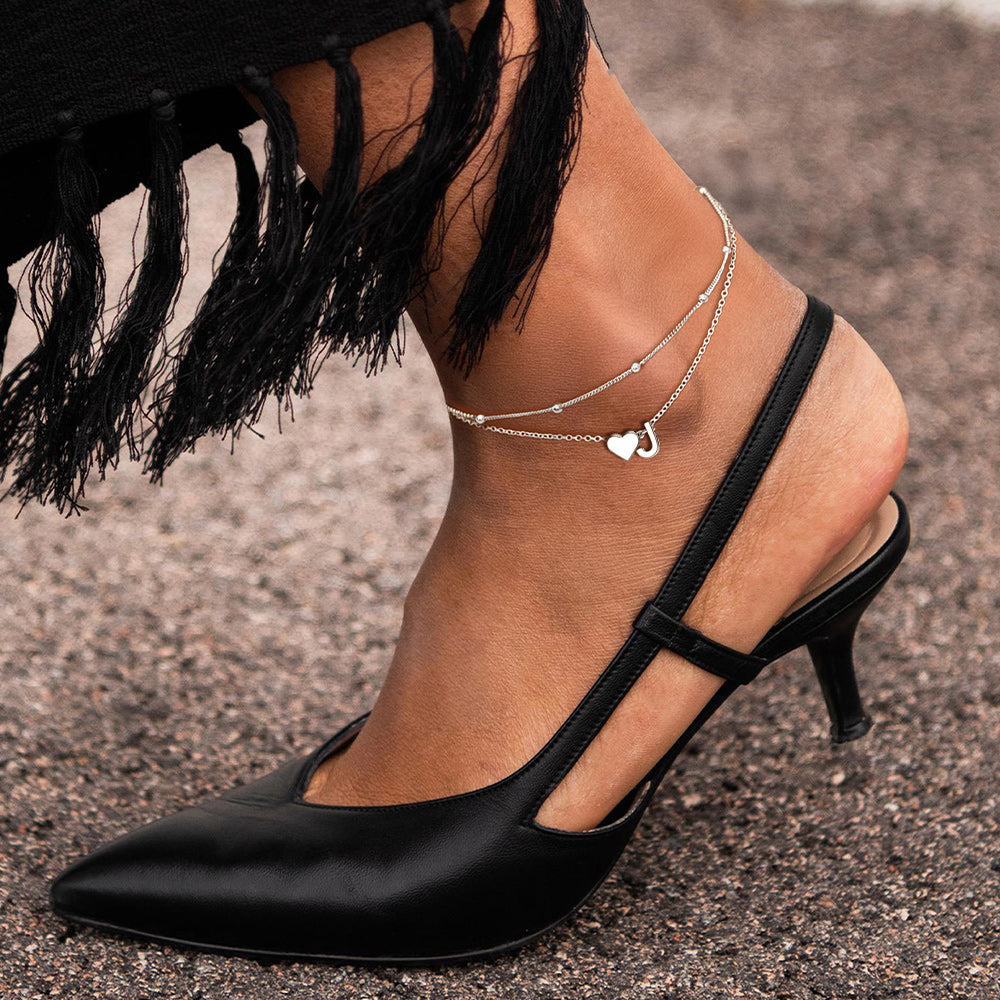   Sterling Silver Initial Heart Layered Anklet for Women