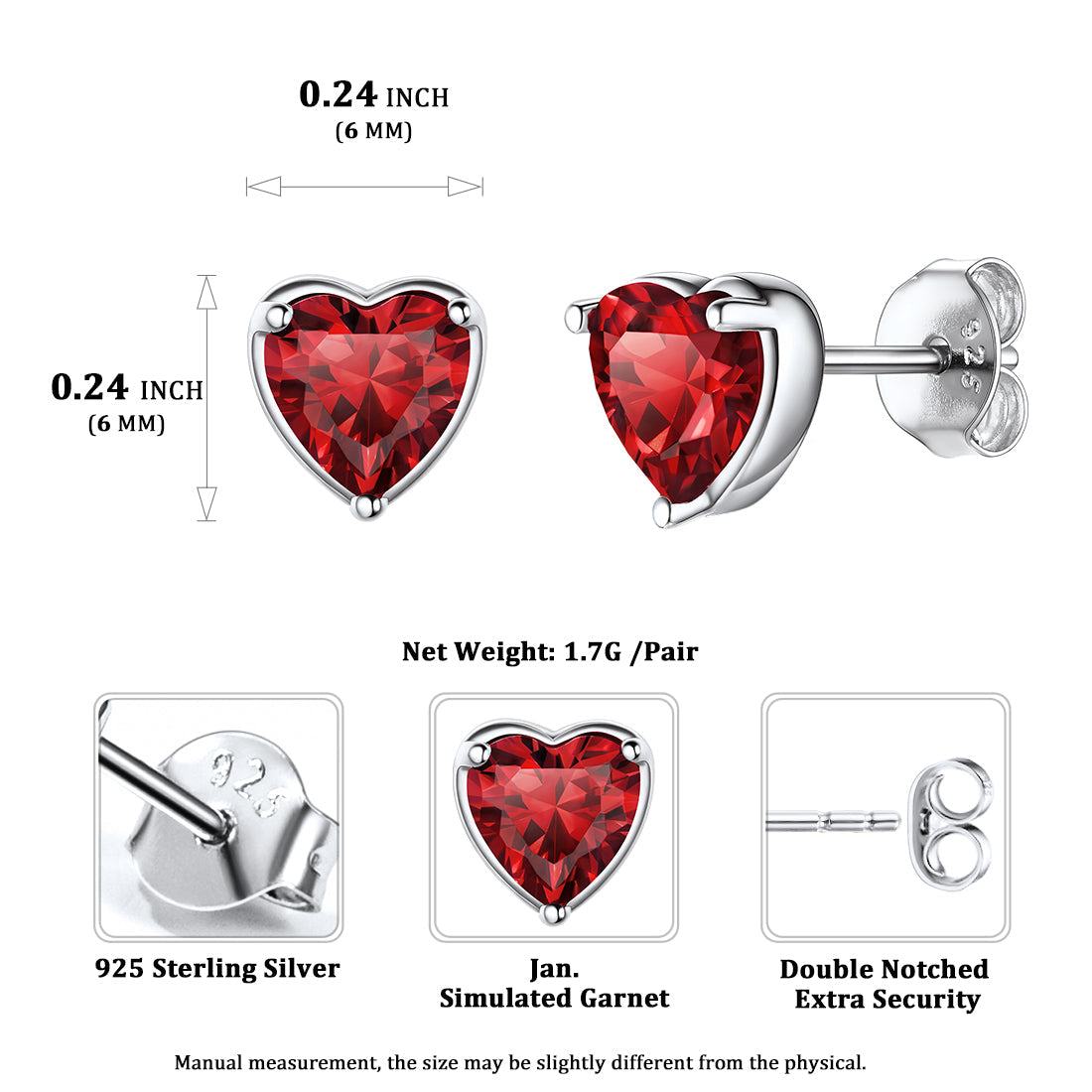 Sterling Silver January Garnet Stud Earrings Women Heart Shape Birthstone BIRTHSTONES JEWELRY