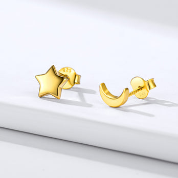 FaithHeart 925 Sterling Silver Minimalist Dainty Star Moon Stud Earrings FaithHeart