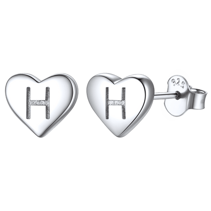 925 Sterling Silver Heart Initial Stud Earrings for Women Men