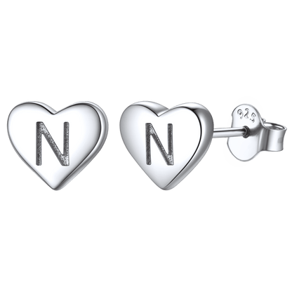 925 Sterling Silver Heart Initial Stud Earrings for Women Men