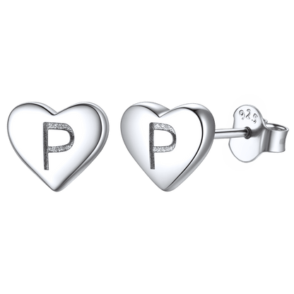 925 Sterling Silver Heart Initial Stud Earrings for Women Men