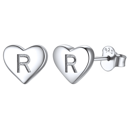 925 Sterling Silver Heart Initial Stud Earrings for Women Men