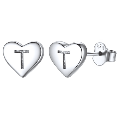 925 Sterling Silver Heart Initial Stud Earrings for Women Men