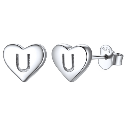 925 Sterling Silver Heart Initial Stud Earrings for Women Men
