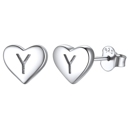 925 Sterling Silver Heart Initial Stud Earrings for Women Men