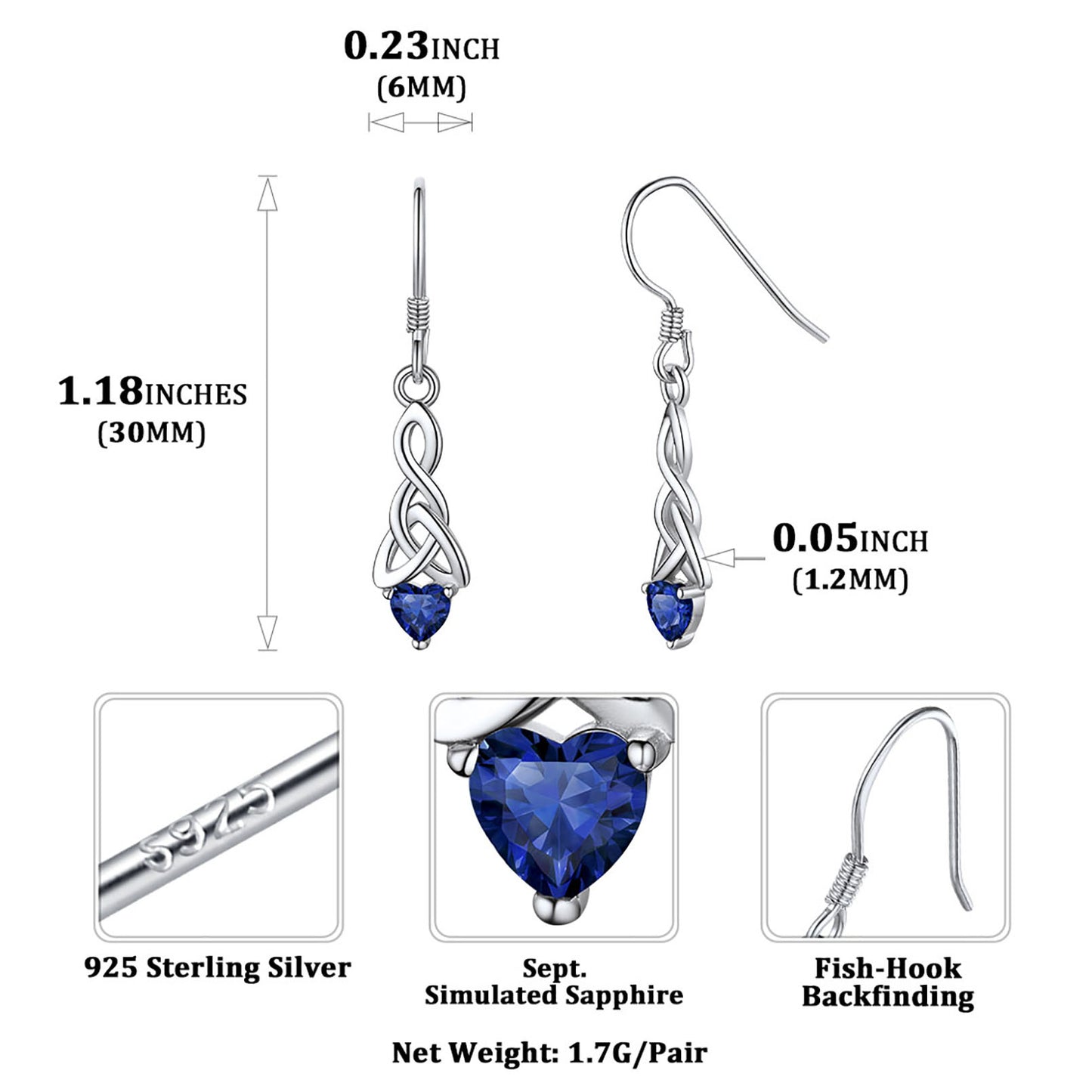 Sterling Silver Celtic Knot with Heart Birthstone Drop Earrings Gift For Men Women