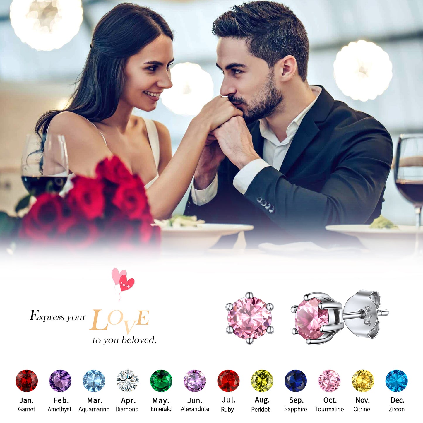 925 Sterling Silver Birthstone Stud Earrings for Men Women