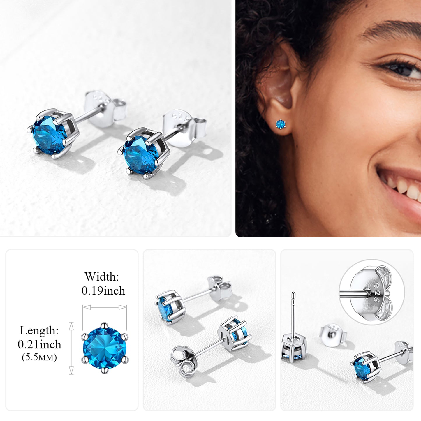 925 Sterling Silver Birthstone Stud Earrings for Men Women