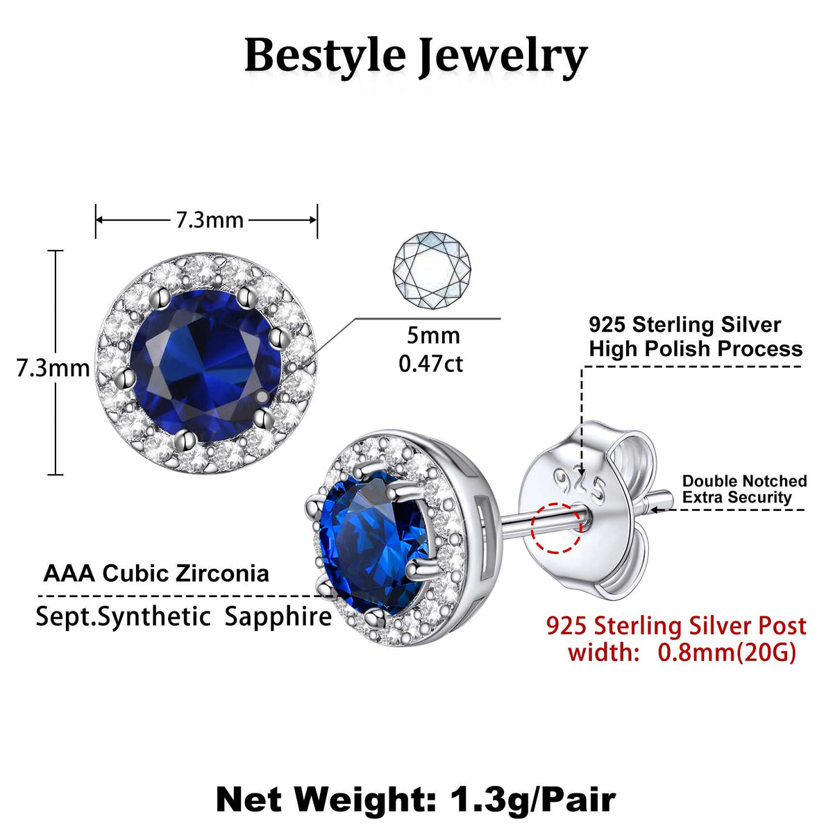 Blue Sapphire Round Gemstone Stud Earrings in White Gold (3.2 mm Blue Sapphire Round Gemstone Stud Earrings in White Gold (3.2 mm