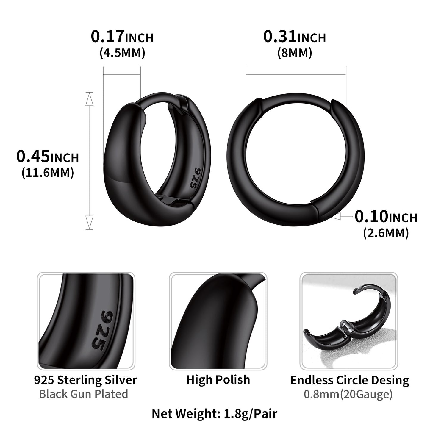 Simple Sterling Silver Thick Huggie Hoop Earrings for Men