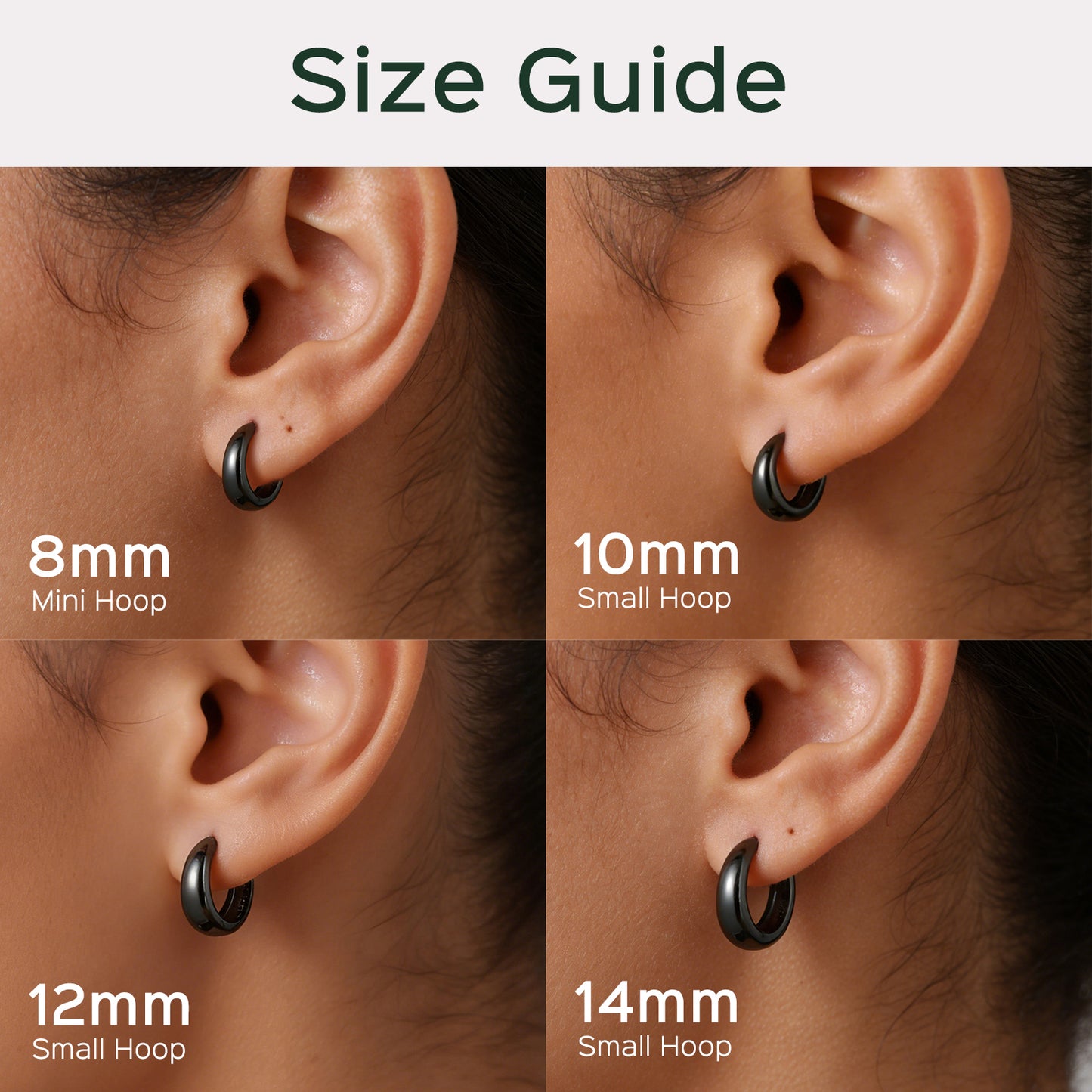 Size guide for black hoop earrings on ears with measurements.