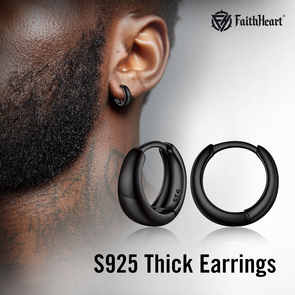 Men Wearing Simple Sterling Silver Thick Huggie Hoop Earrings