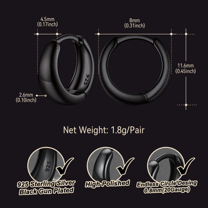 Black hoop earrings with measurements and details on a black background