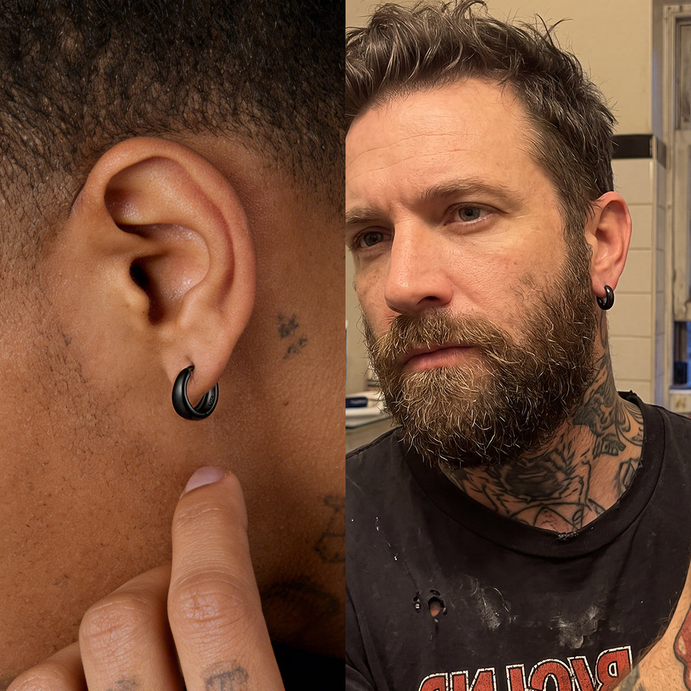 A split-screen photo showing a man's ear with a black triple-hoop earring on the left, and a full portrait of the man wearing the same black hoop earring on the right.