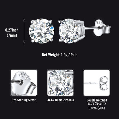 Silver stud earrings with cubic zirconia stones on a black background, showing size, weight, material, and design features.