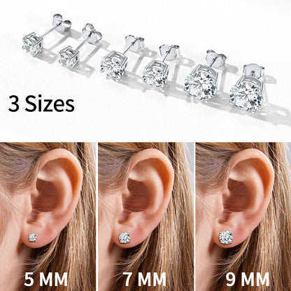 Sterling Silver CZ diamond stud earrings for men and women in three sizes for easy comparison