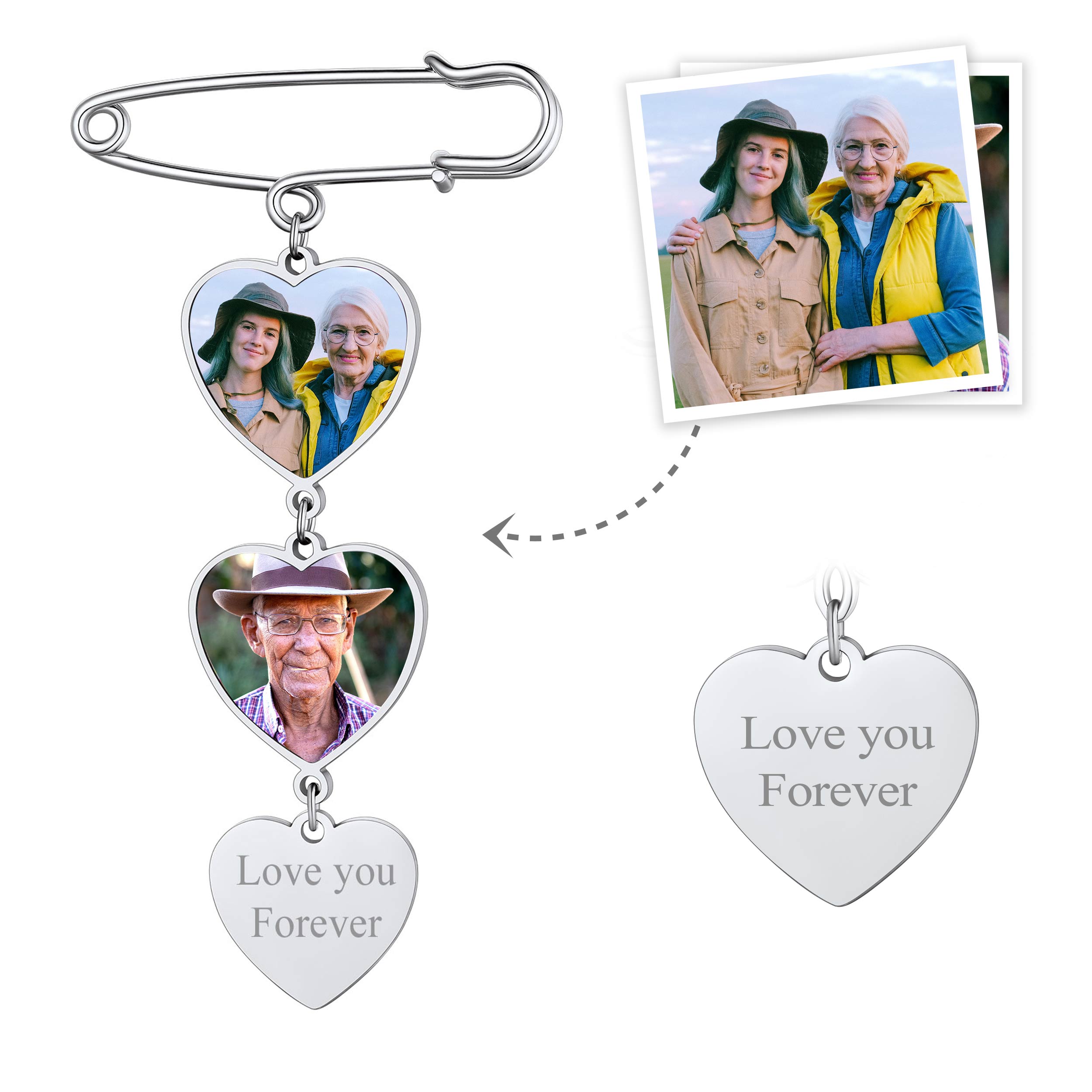 Personalized Memorial Picture Charms Heart Brooch Pins Wedding Bouquet