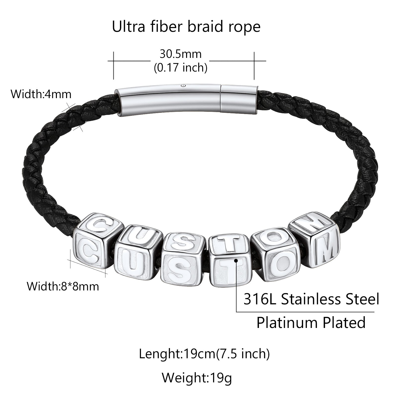 Black braided bracelet with silver beads displaying 'CUSTOM' on a white background