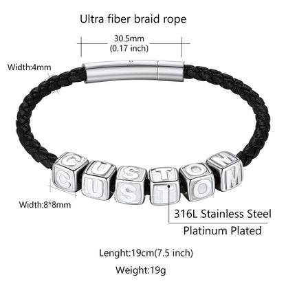 Black braided bracelet with silver beads displaying 'CUSTOM' on a white background
