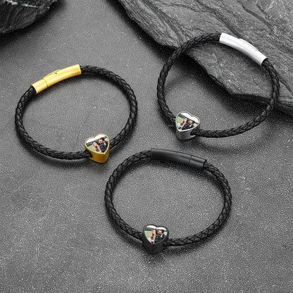 Heart Shaped Black Braid PU Leather Bracelets Customized Picture